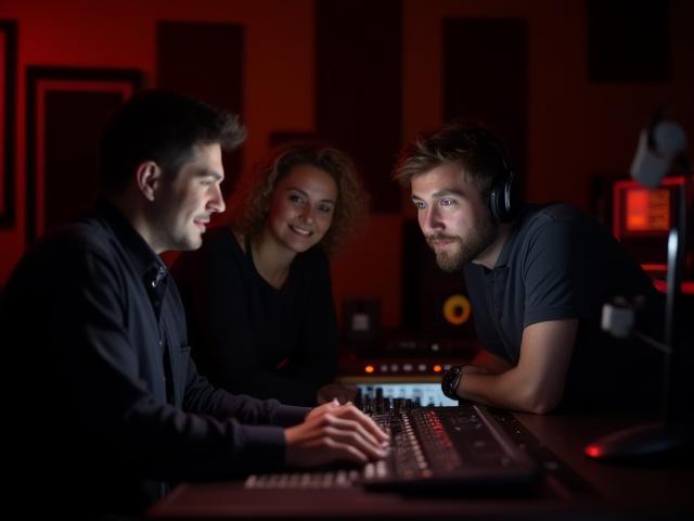 The Groove Studios Brasil team collaborating in the studio control room