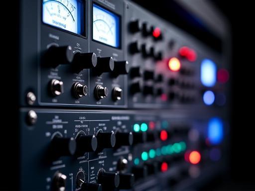 Rack of analog outboard gear at Groove Studios Brasil